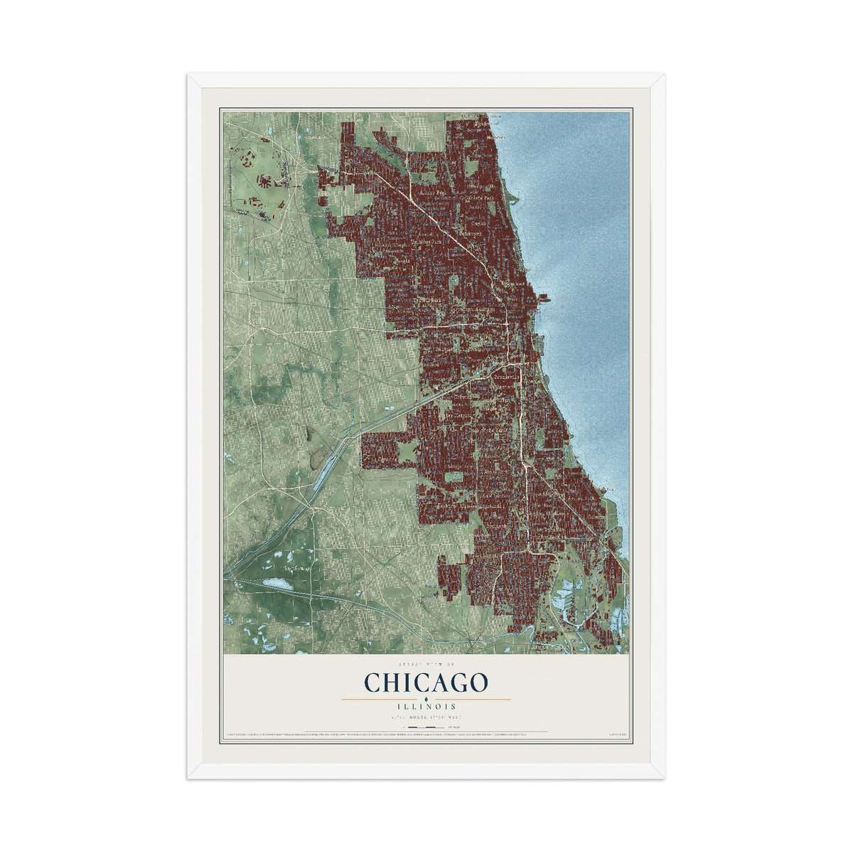 Map of Chicago, Illinois, 12 x 18 inch print in a white wood frame