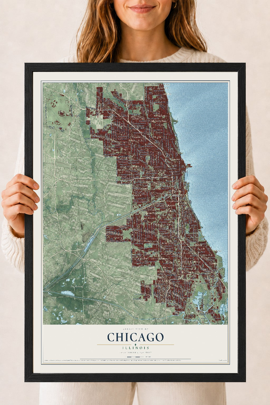 Map of Chicago, Illinois, 18 x 24 inch print in a black wood frame
