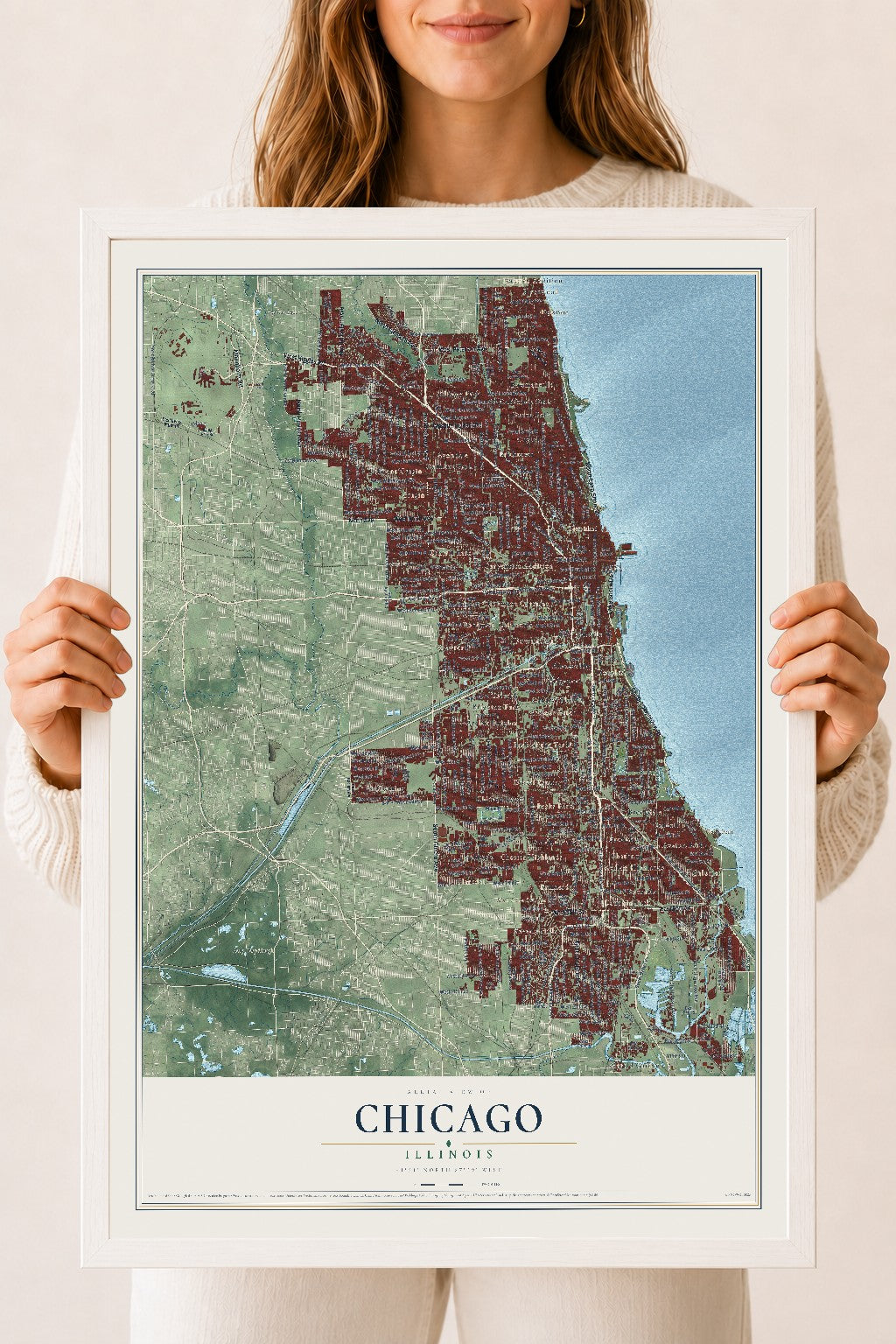 Map of Chicago, Illinois, 18 x 24 inch print in a white wood frame