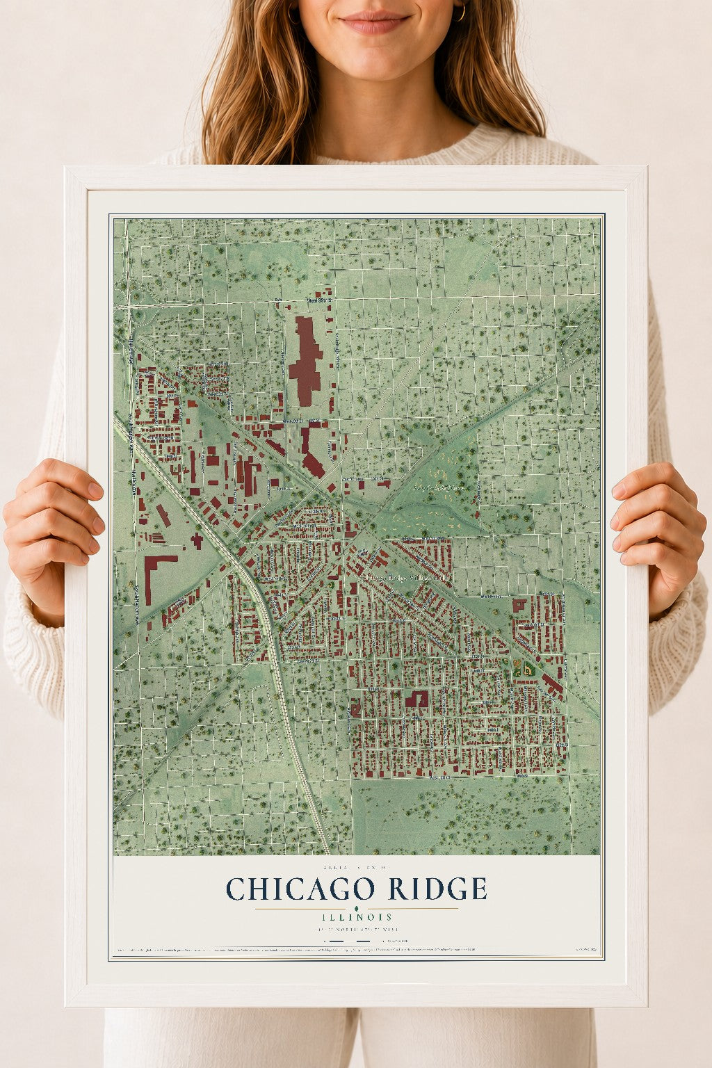 Map of Chicago Ridge, Illinois, 18 x 24 inch print in a white wood frame