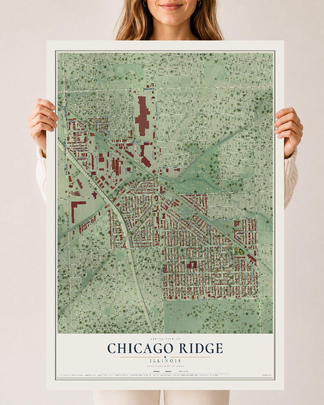 Map of Chicago Ridge, Illinois, 24 x 36 inch unframed archival matte print