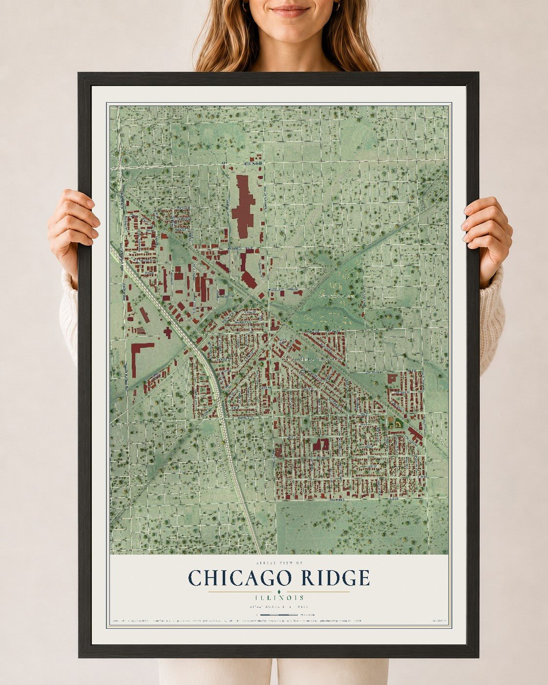Map of Chicago Ridge, Illinois, 24 x 36 inch print in a black wood frame