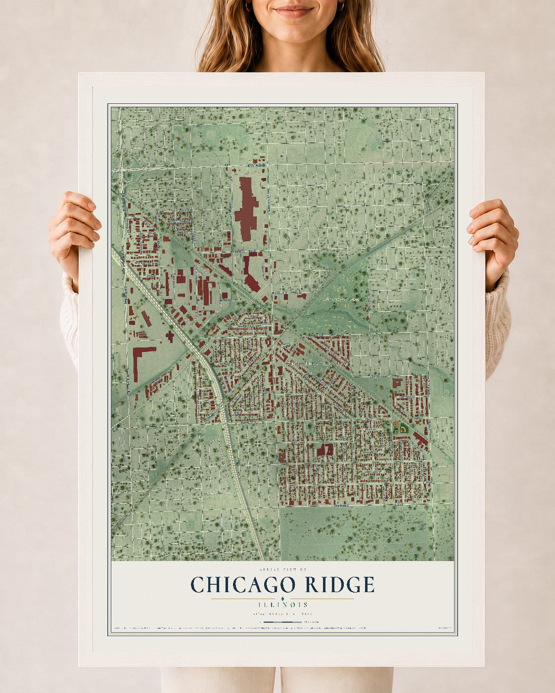 Map of Chicago Ridge, Illinois, 24 x 36 inch print in a white wood frame