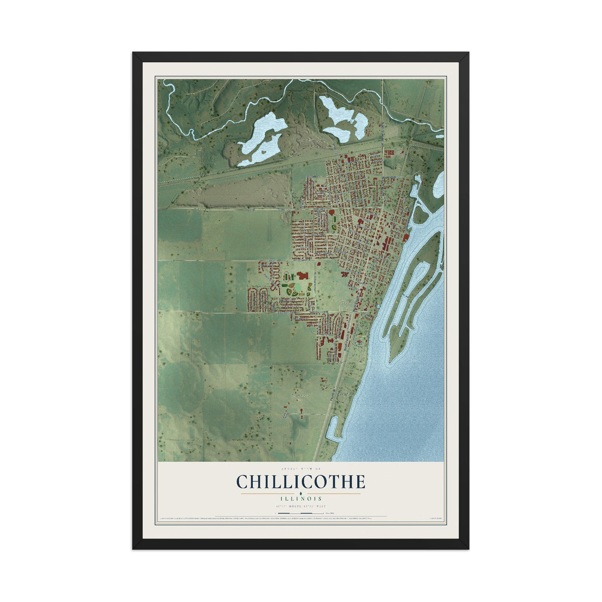 Map of Chillicothe, Illinois, 12 x 18 inch print in a black wood frame