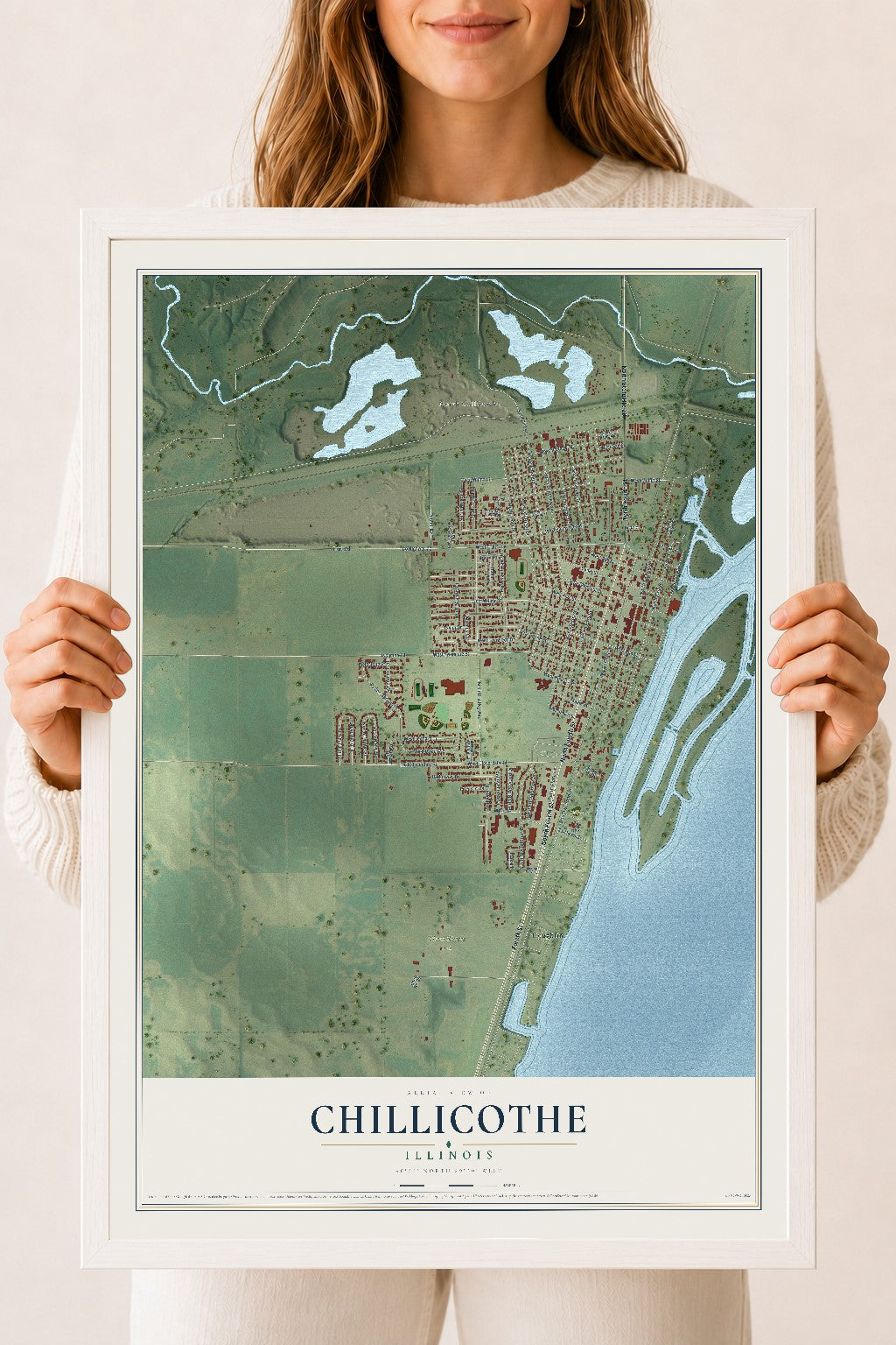 Map of Chillicothe, Illinois, 18 x 24 inch print in a white wood frame