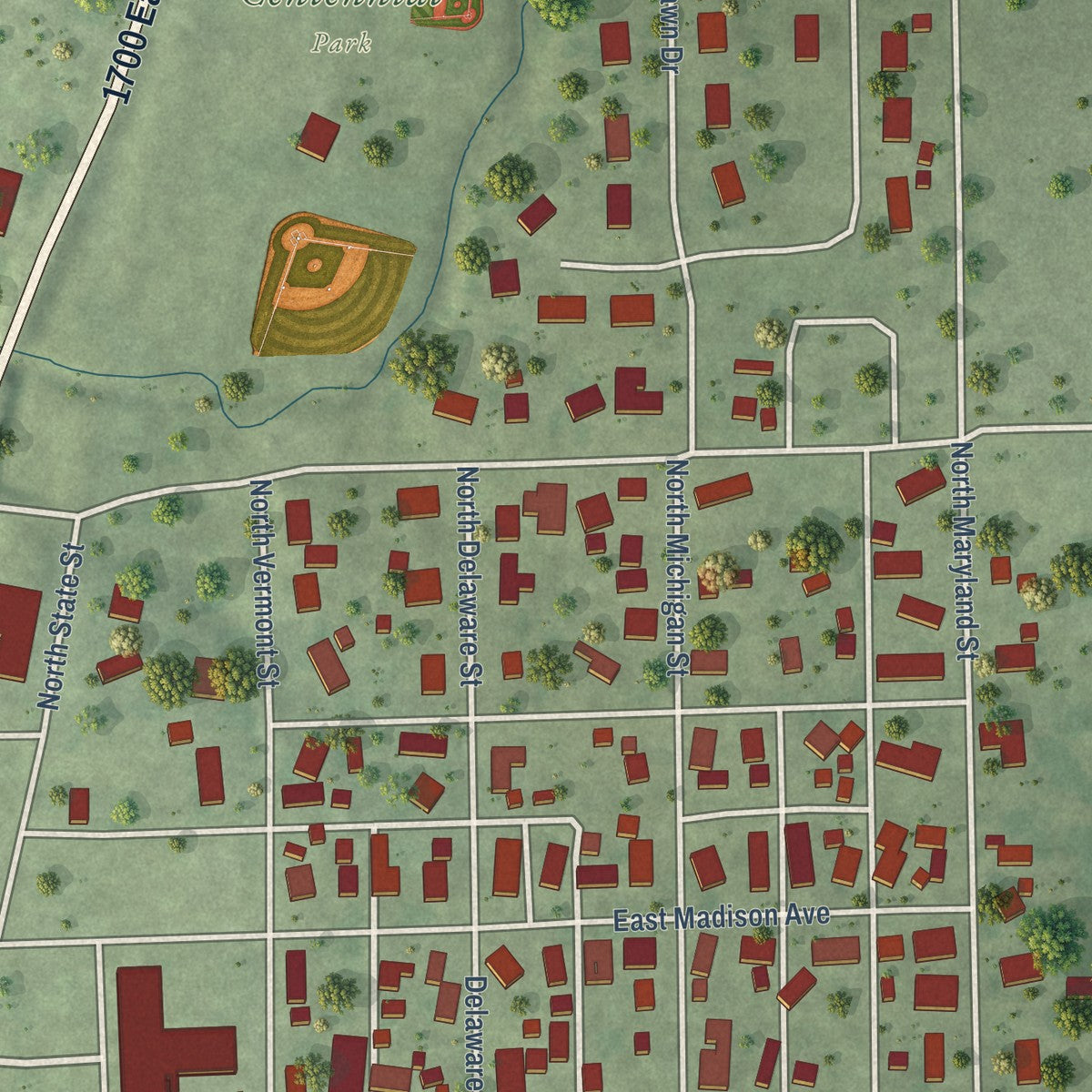 Second close-up of the map of Chrisman, Illinois print showing more streets and buildings
