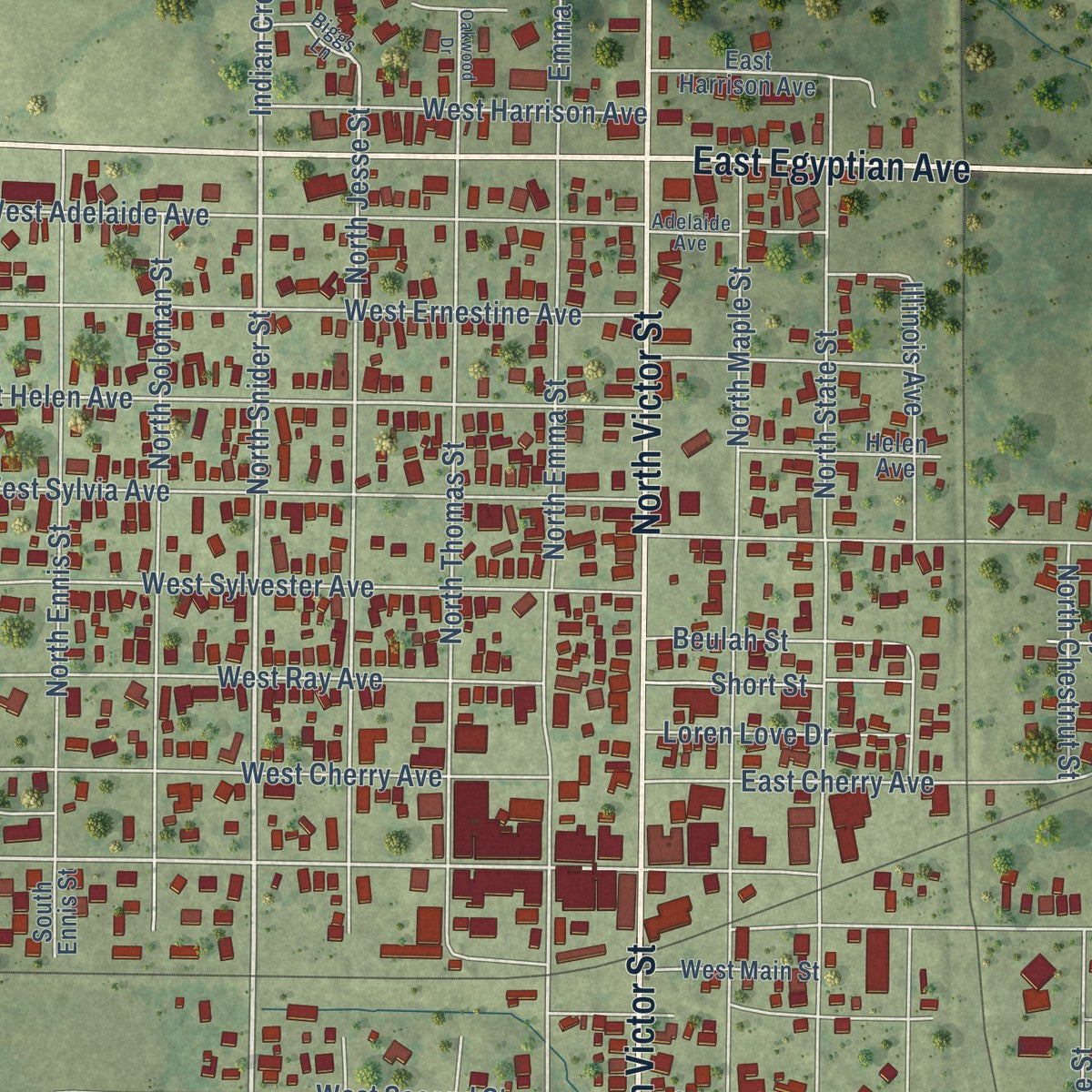 Close-up of the map of Christopher, Illinois print showing street and building detail
