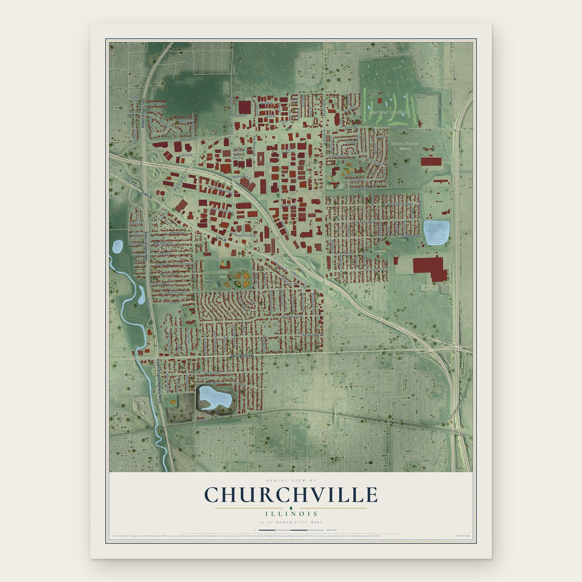 Churchville, Illinois map print, the full design