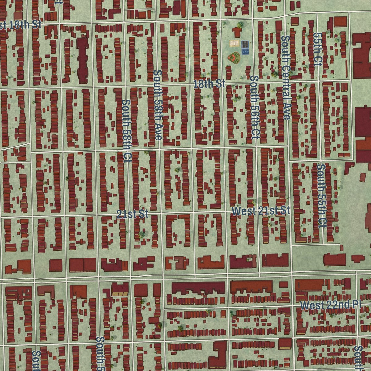 Close-up of the map of Cicero, Illinois print showing street and building detail