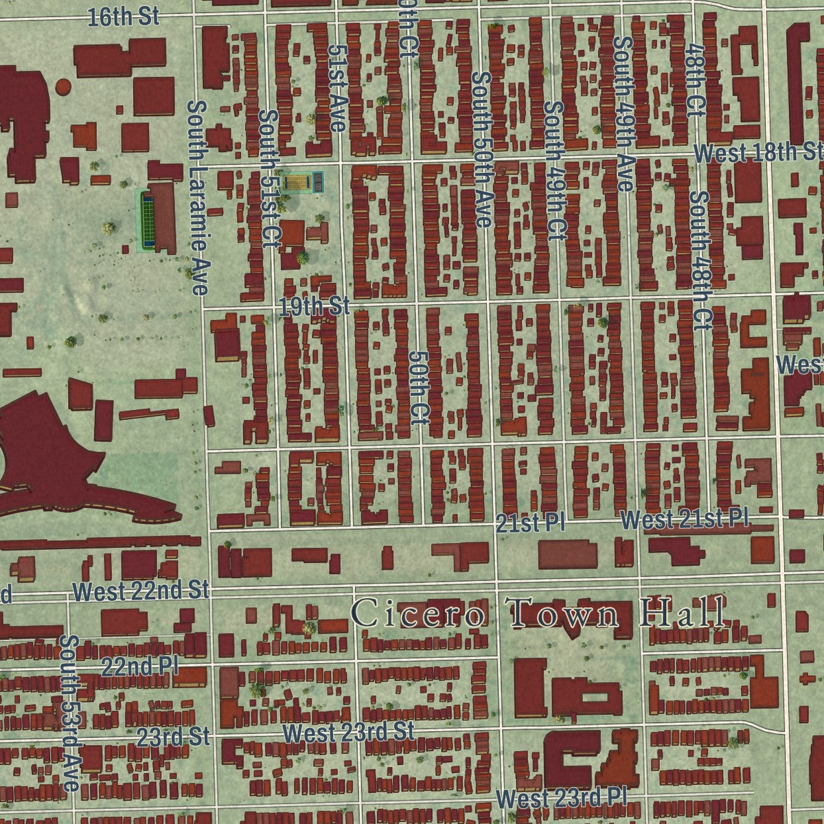 Second close-up of the map of Cicero, Illinois print showing more streets and buildings