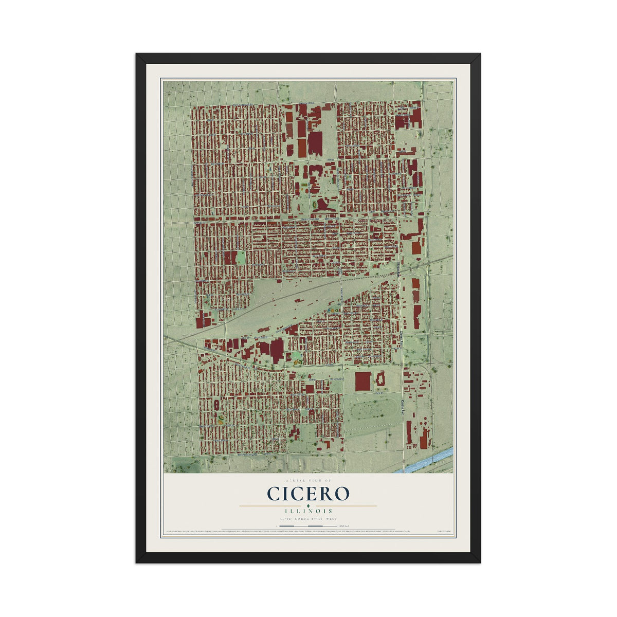 Map of Cicero, Illinois, 12 x 18 inch print in a black wood frame