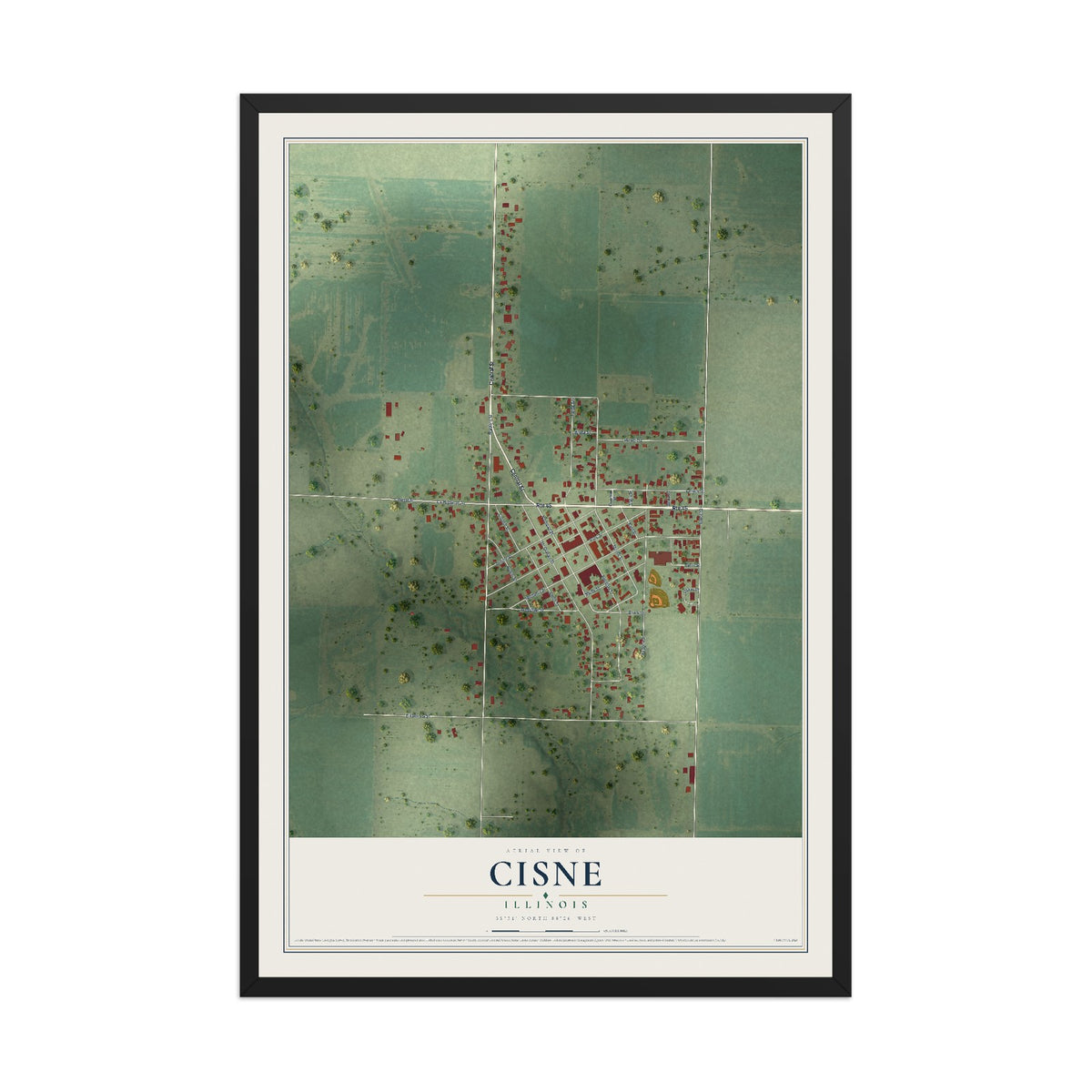Map of Cisne, Illinois, 12 x 18 inch print in a black wood frame