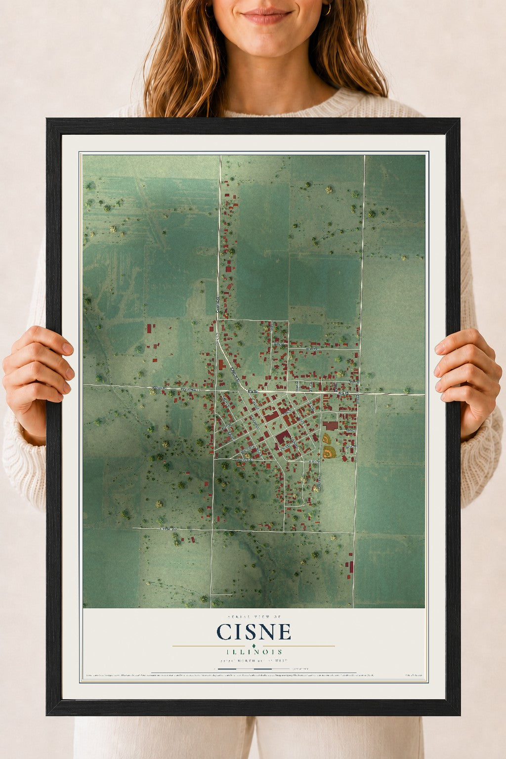 Map of Cisne, Illinois, 18 x 24 inch print in a black wood frame