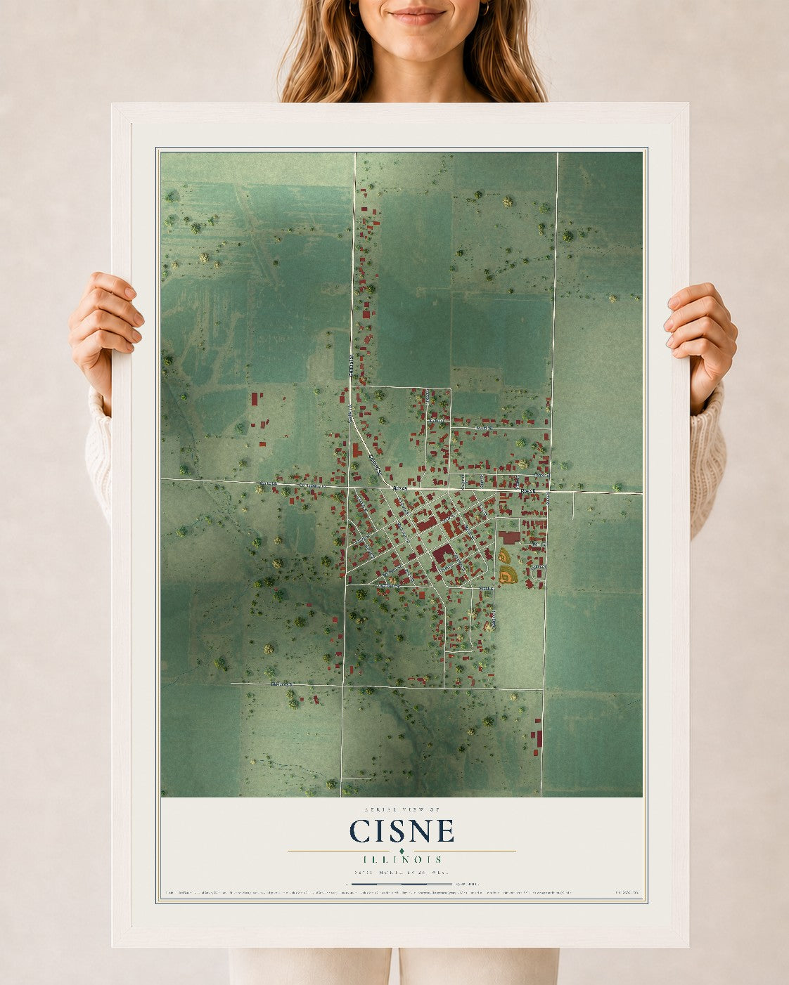 Map of Cisne, Illinois, 24 x 36 inch print in a white wood frame
