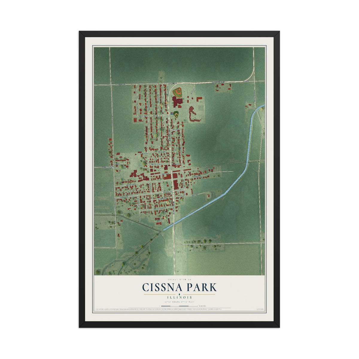 Map of Cissna Park, Illinois, 12 x 18 inch print in a black wood frame