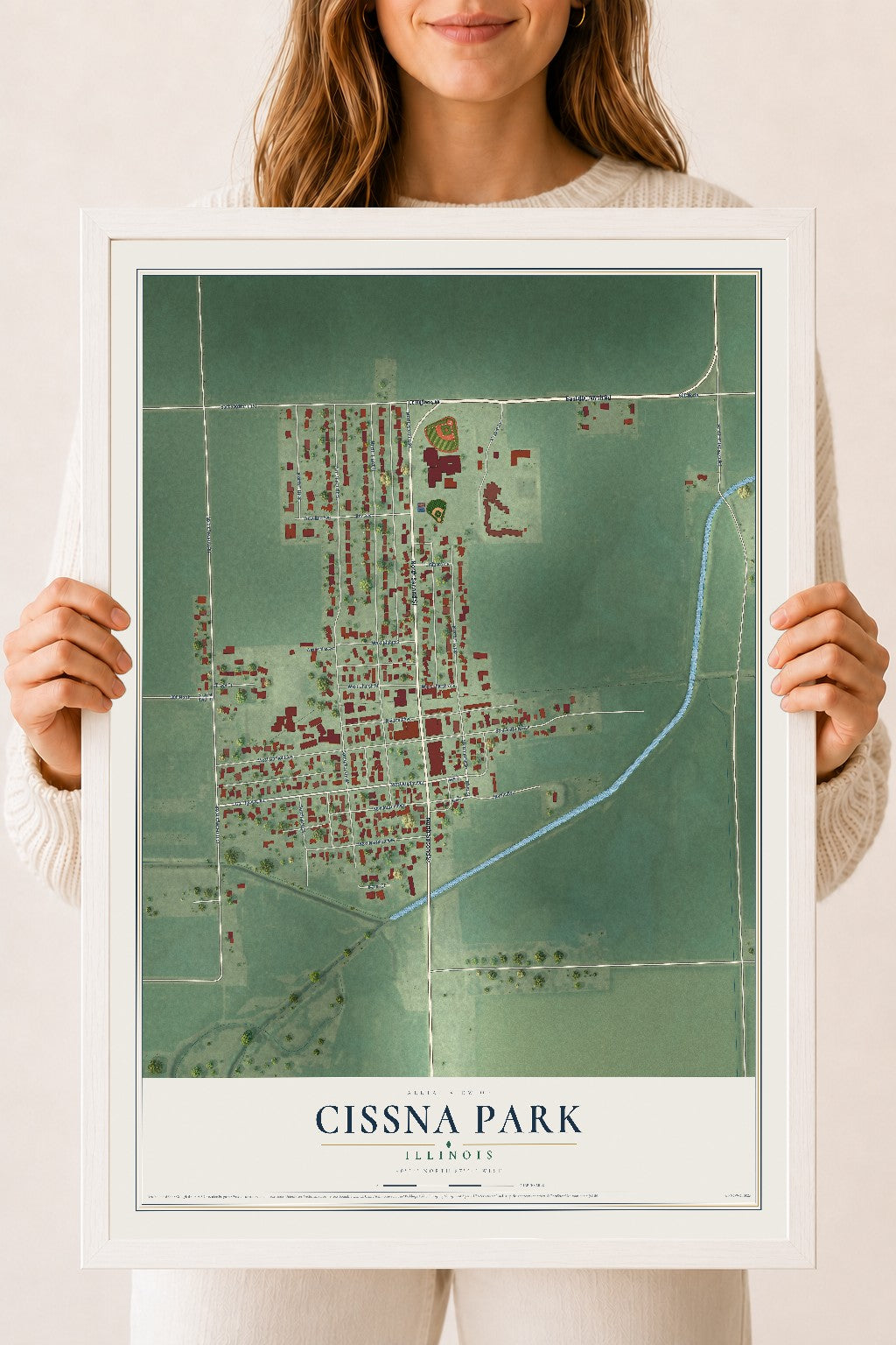 Map of Cissna Park, Illinois, 18 x 24 inch print in a white wood frame