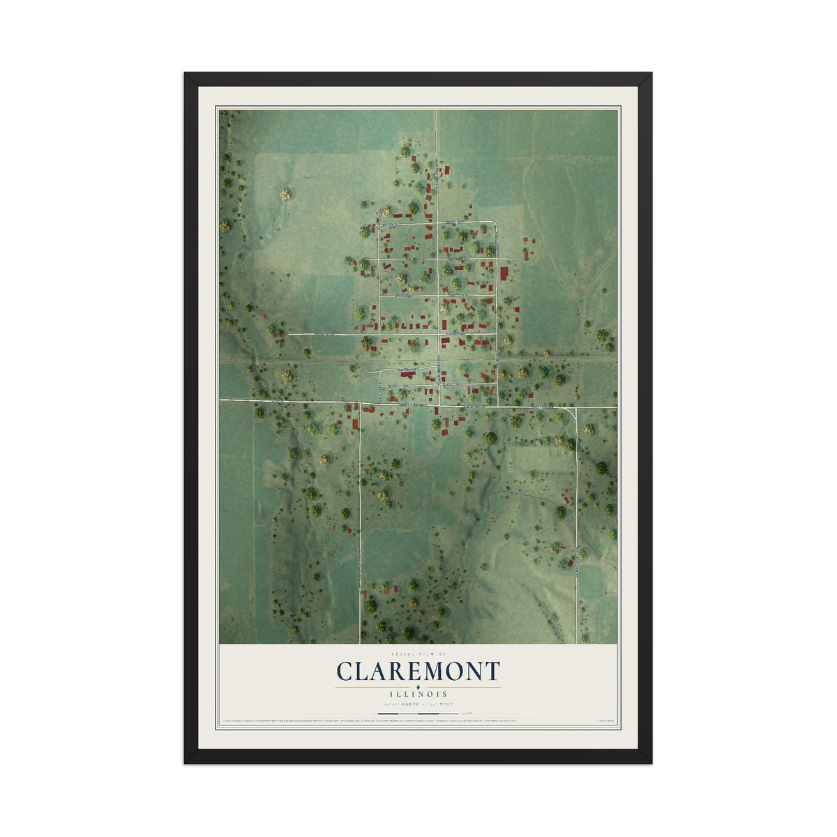 Map of Claremont, Illinois, 12 x 18 inch print in a black wood frame