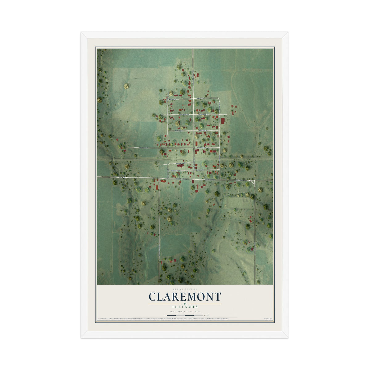 Map of Claremont, Illinois, 12 x 18 inch print in a white wood frame