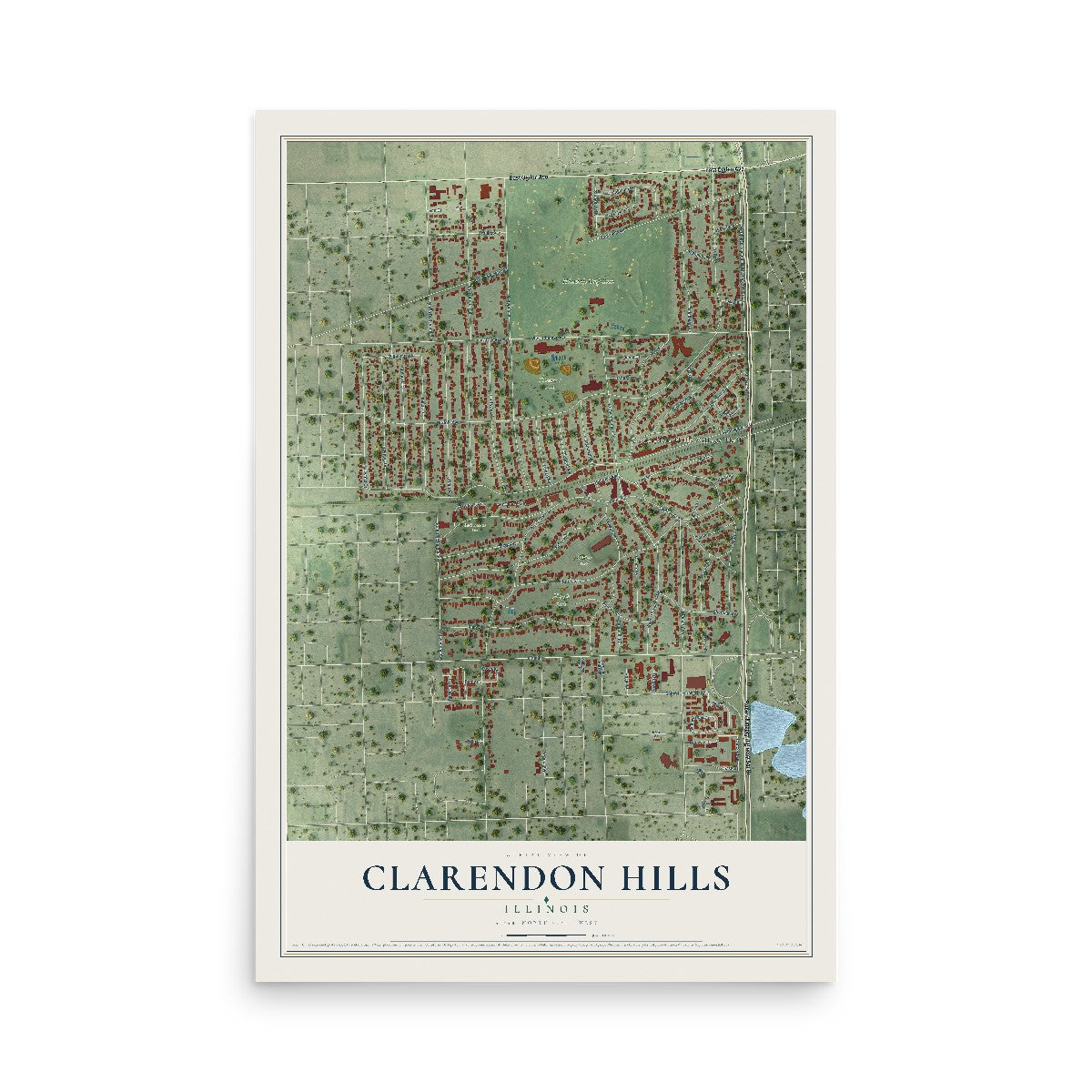 Map of Clarendon Hills, Illinois, 12 x 18 inch unframed archival matte print