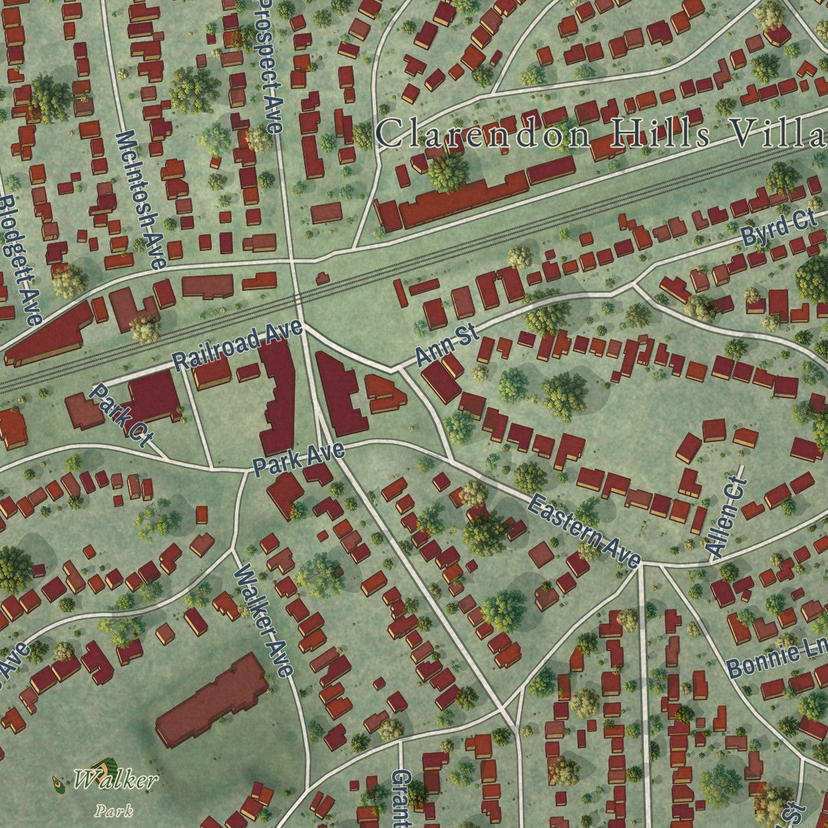 Close-up of the map of Clarendon Hills, Illinois print showing street and building detail