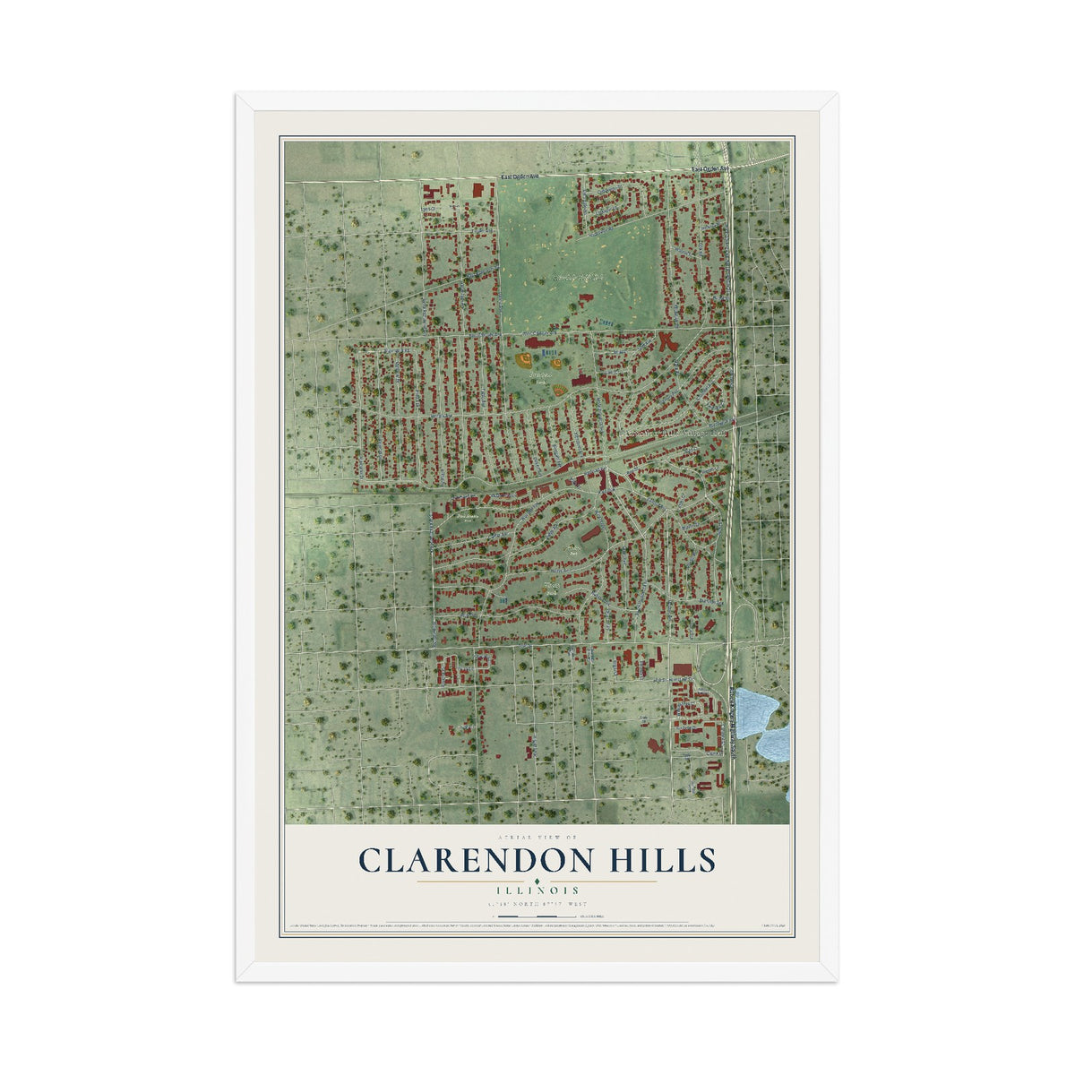 Map of Clarendon Hills, Illinois, 12 x 18 inch print in a white wood frame