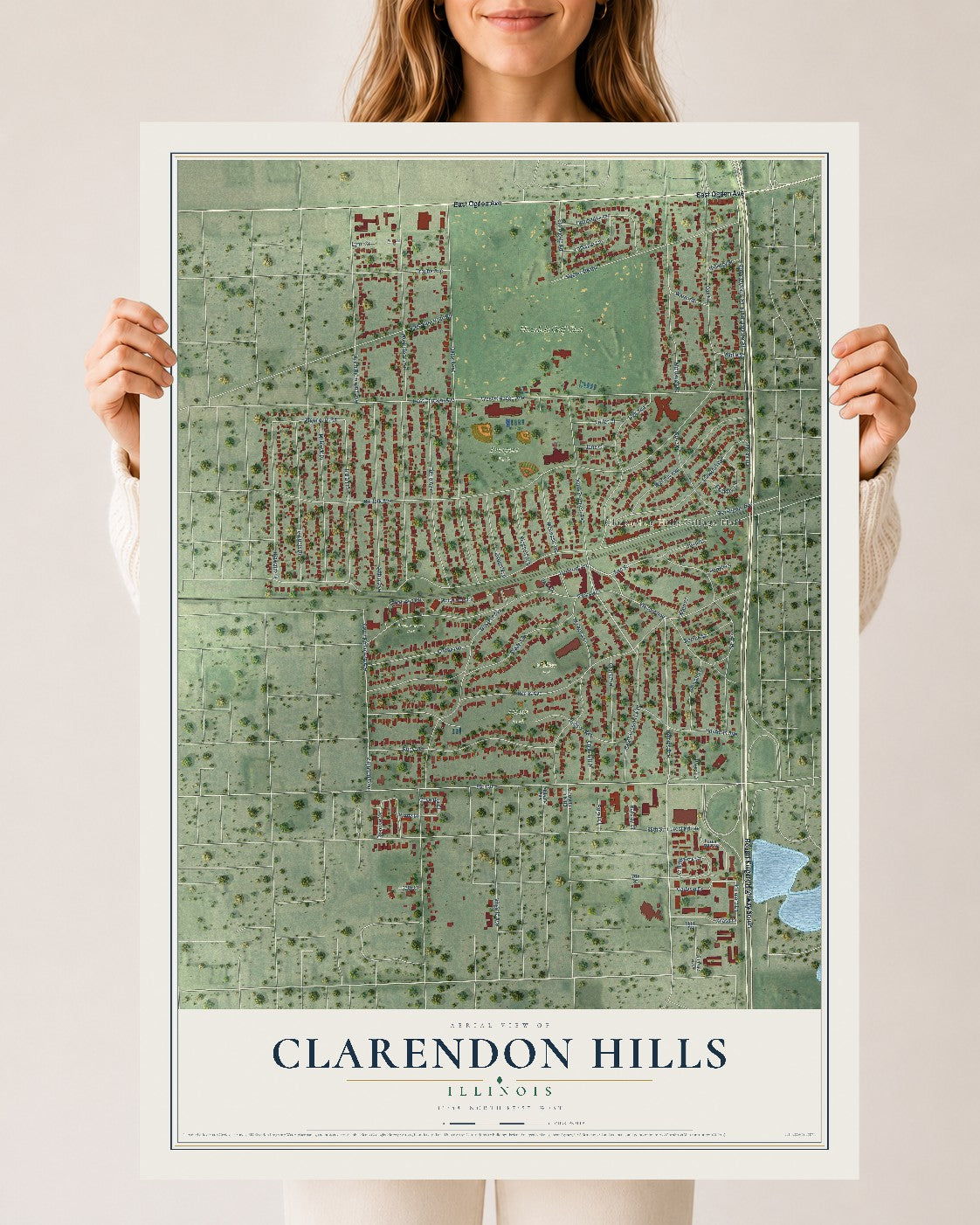 Map of Clarendon Hills, Illinois, 24 x 36 inch unframed archival matte print