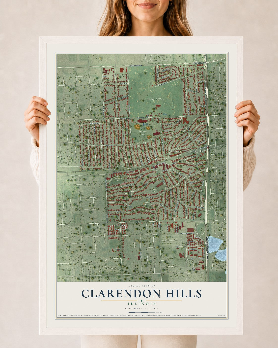 Map of Clarendon Hills, Illinois, 24 x 36 inch print in a white wood frame