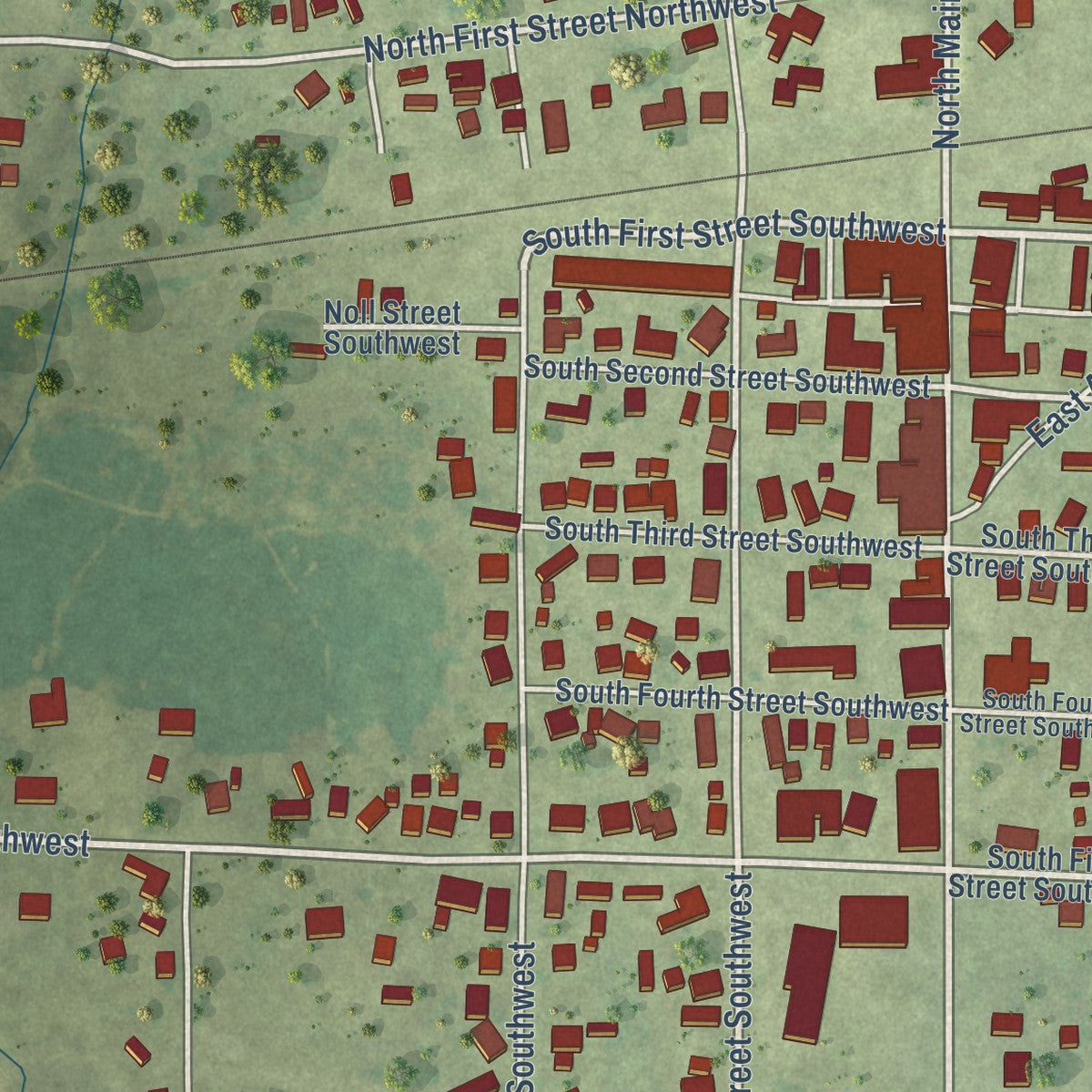 Close-up of the map of Clay City, Illinois print showing street and building detail