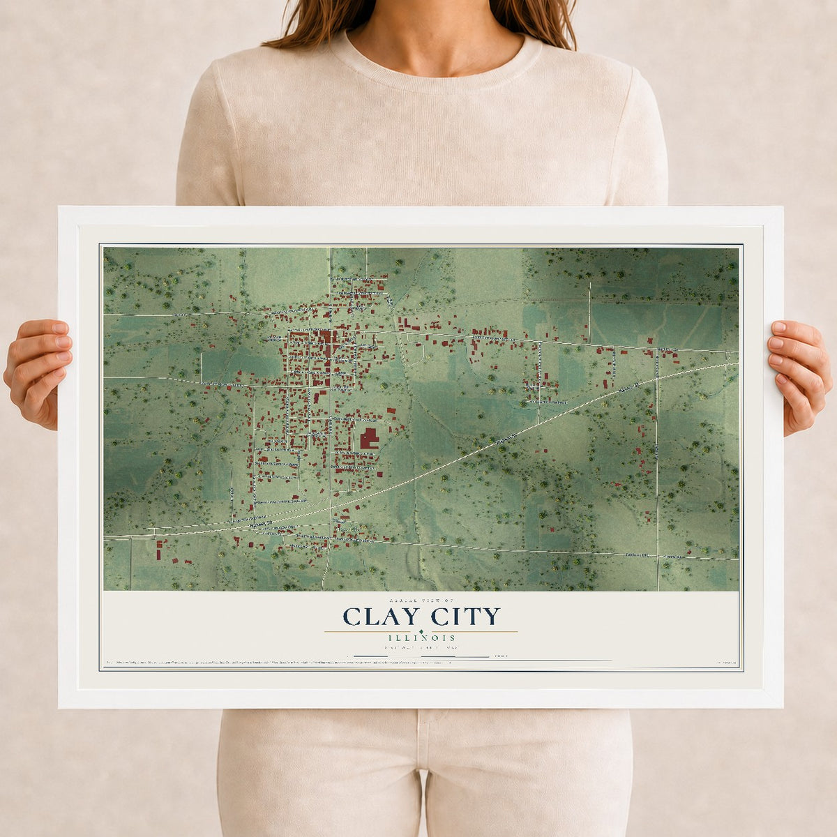 Map of Clay City, Illinois, 12 x 18 inch print in a white wood frame