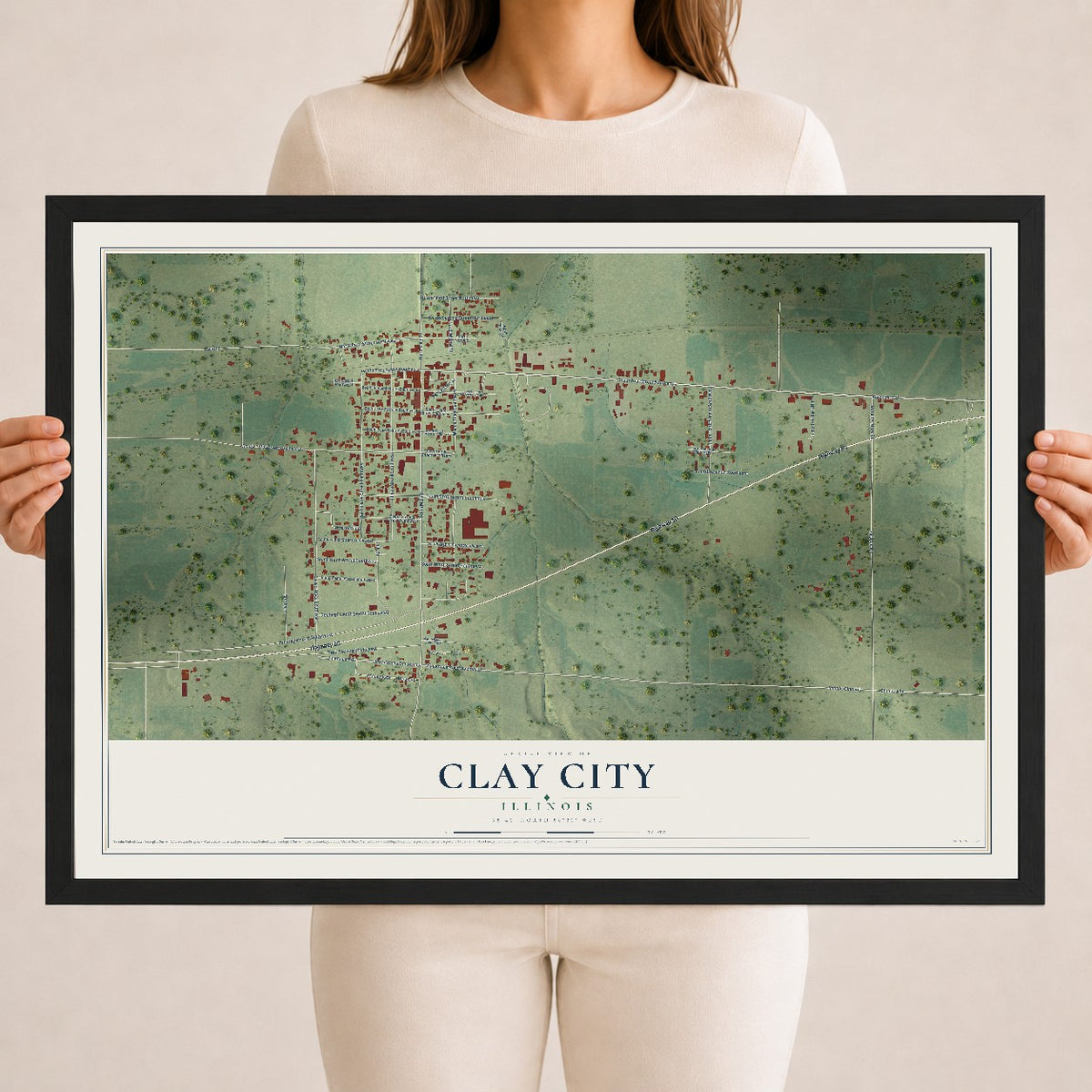 Map of Clay City, Illinois, 18 x 24 inch print in a black wood frame