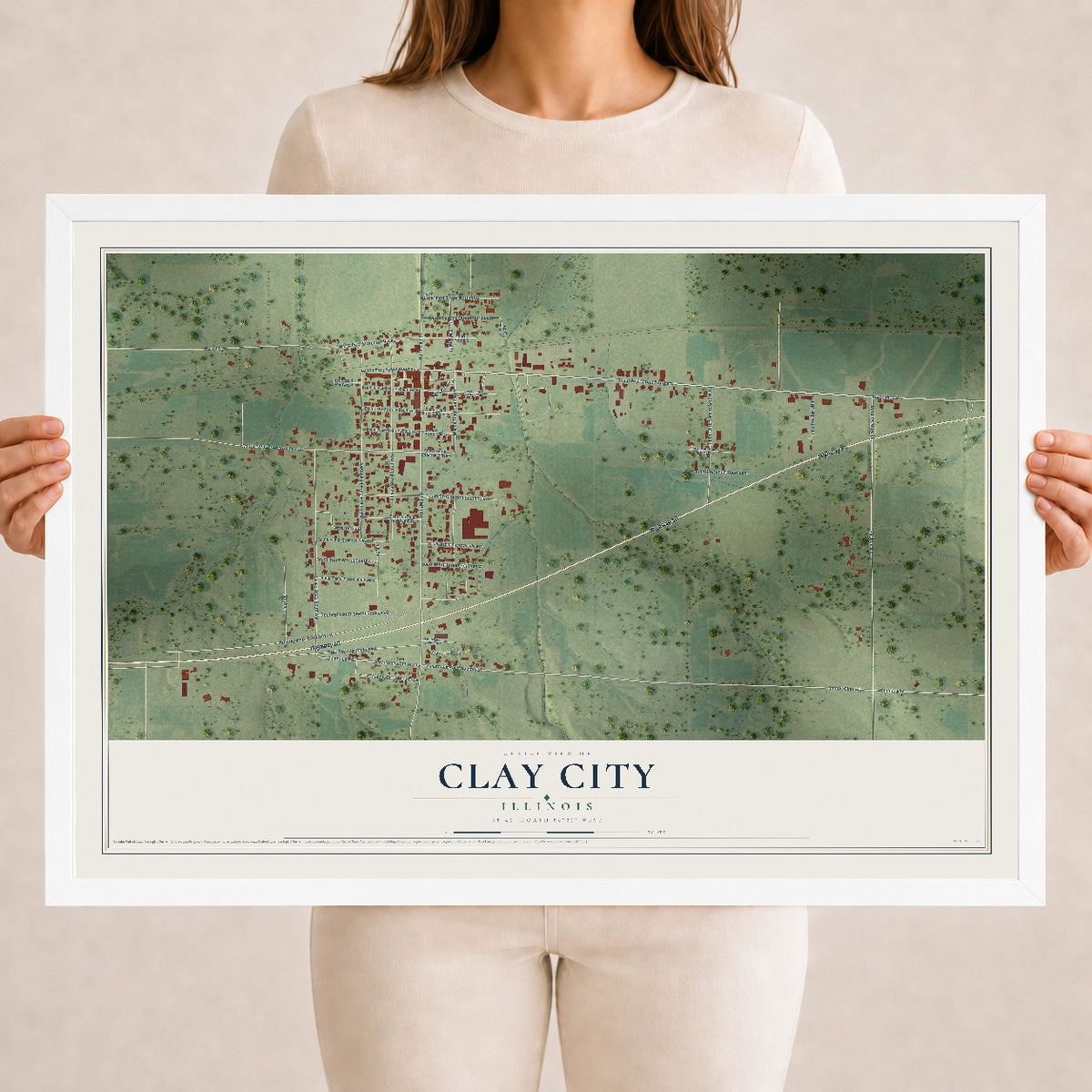Map of Clay City, Illinois, 18 x 24 inch print in a white wood frame