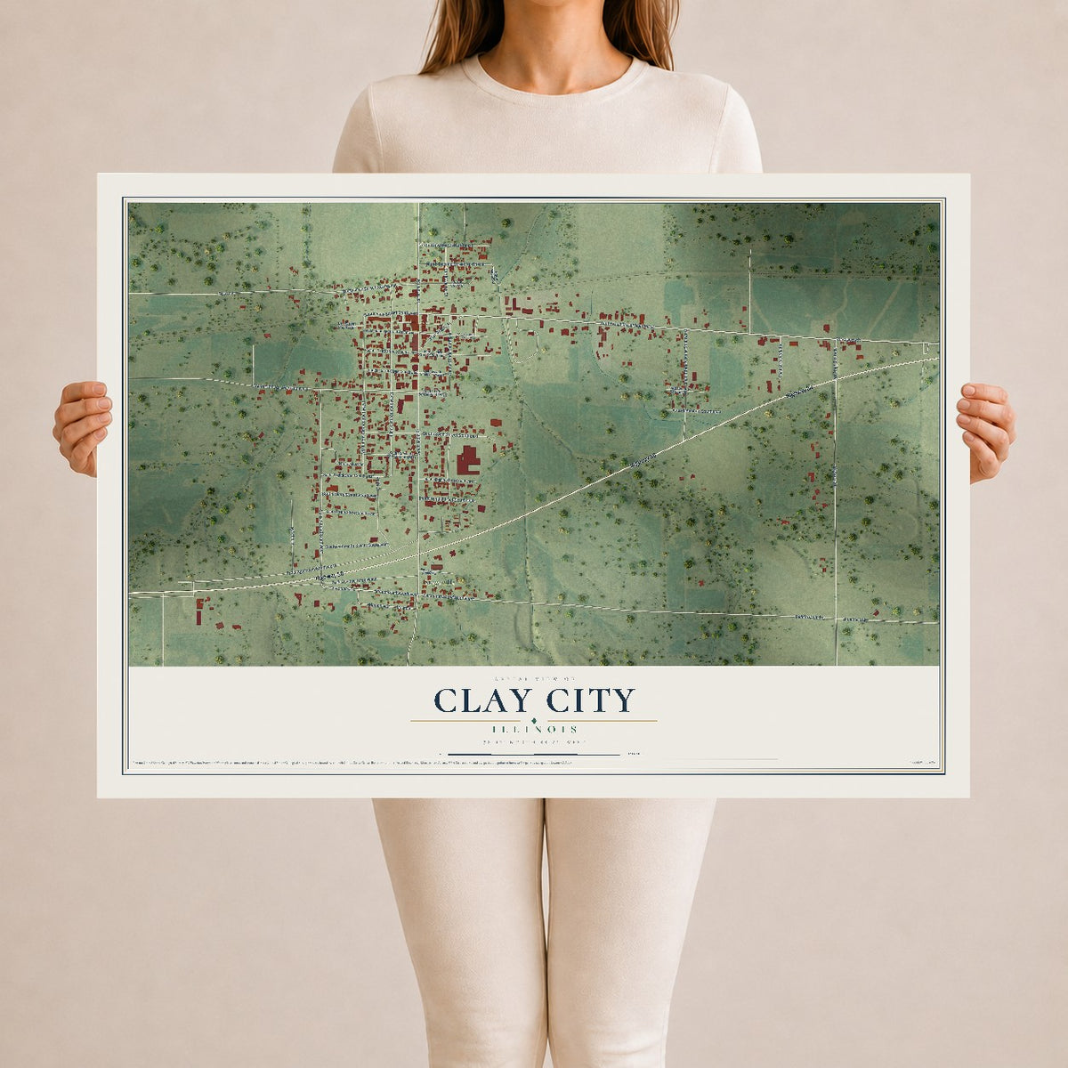 Map of Clay City, Illinois, 24 x 36 inch unframed archival matte print