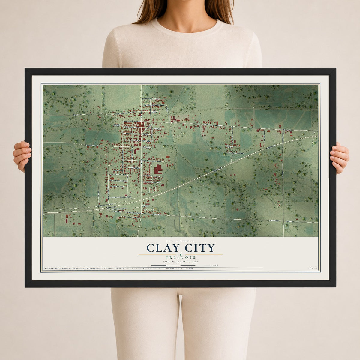 Map of Clay City, Illinois, 24 x 36 inch print in a black wood frame