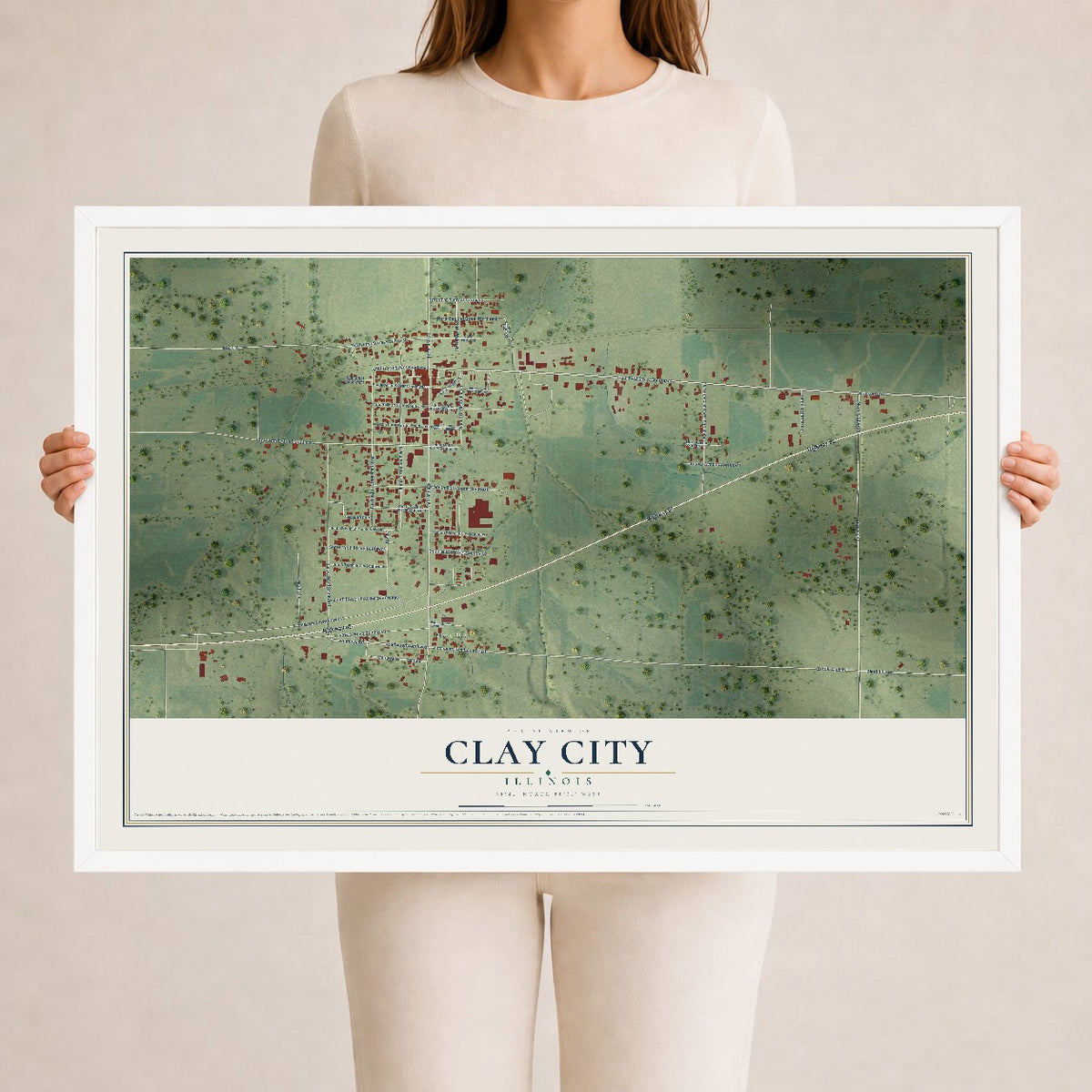 Map of Clay City, Illinois, 24 x 36 inch print in a white wood frame