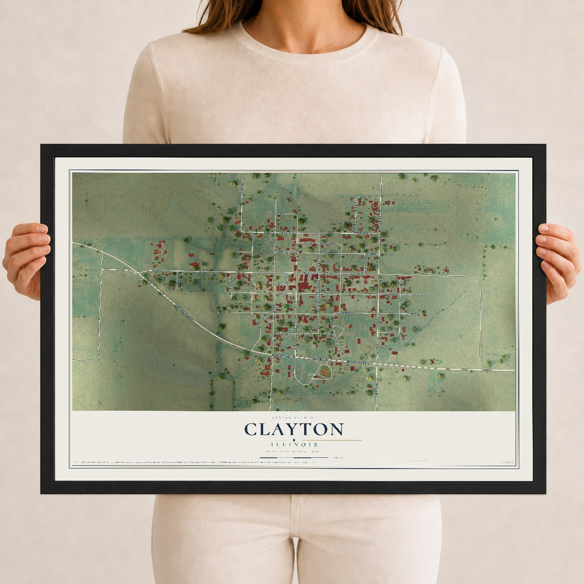 Map of Clayton, Illinois, 12 x 18 inch print in a black wood frame