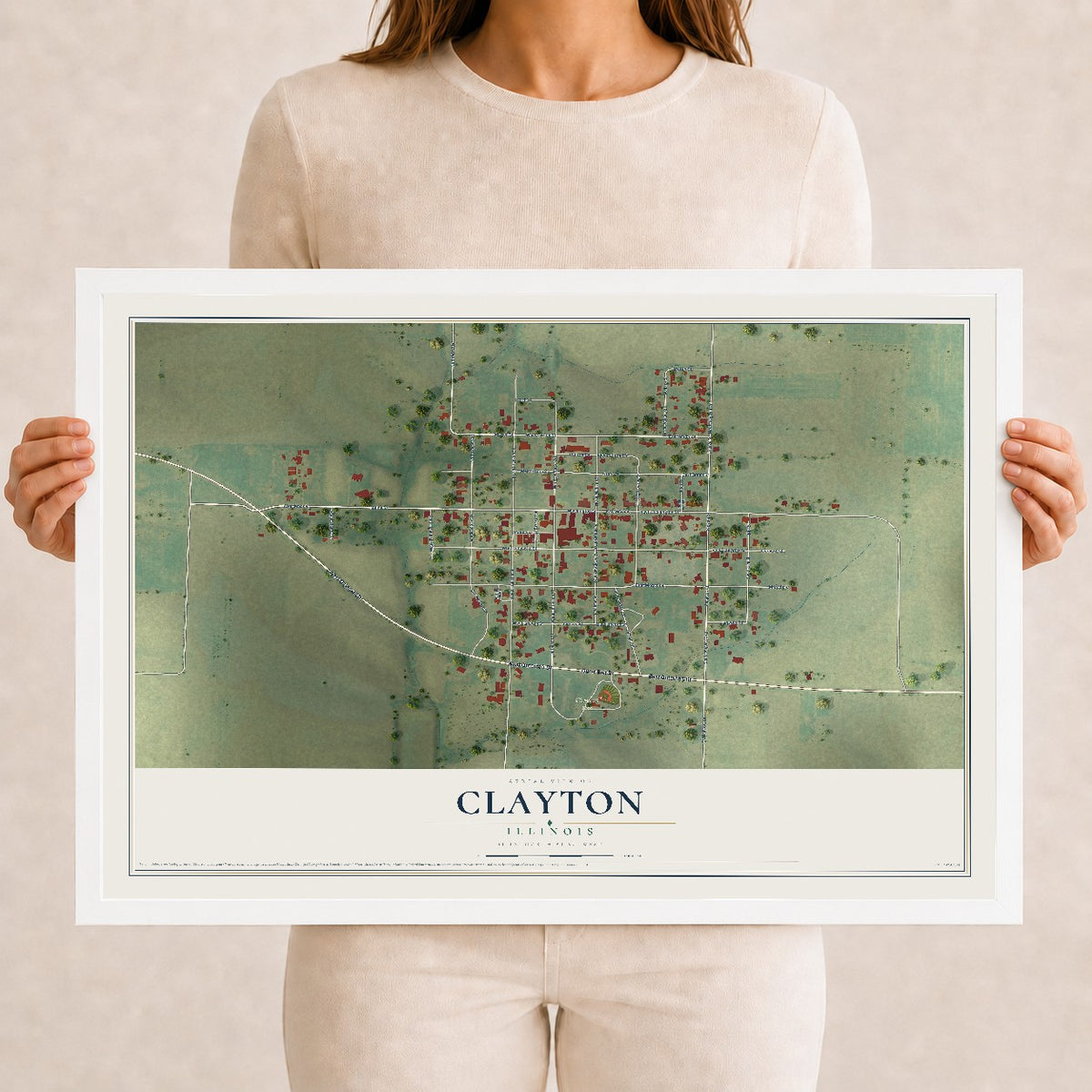 Map of Clayton, Illinois, 12 x 18 inch print in a white wood frame