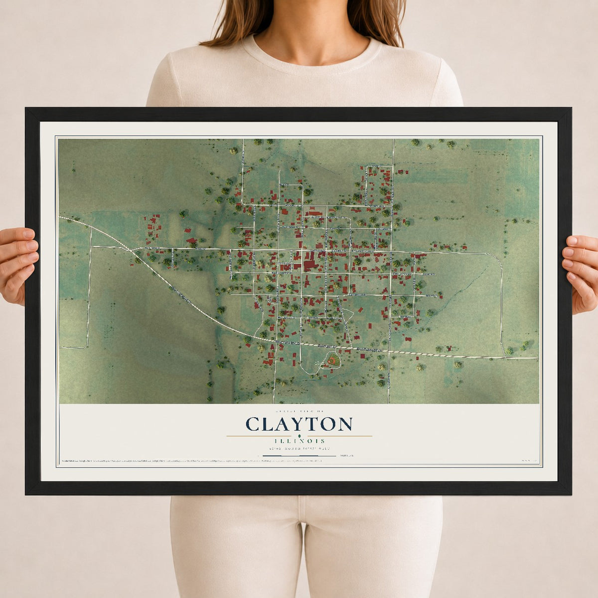 Map of Clayton, Illinois, 18 x 24 inch print in a black wood frame