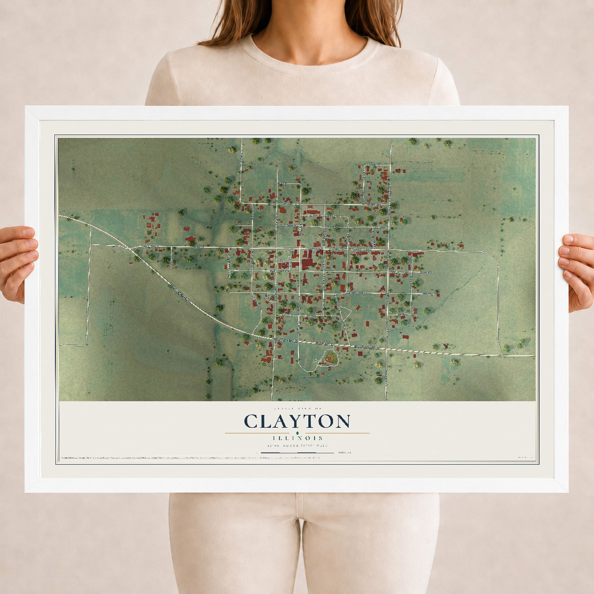 Map of Clayton, Illinois, 18 x 24 inch print in a white wood frame
