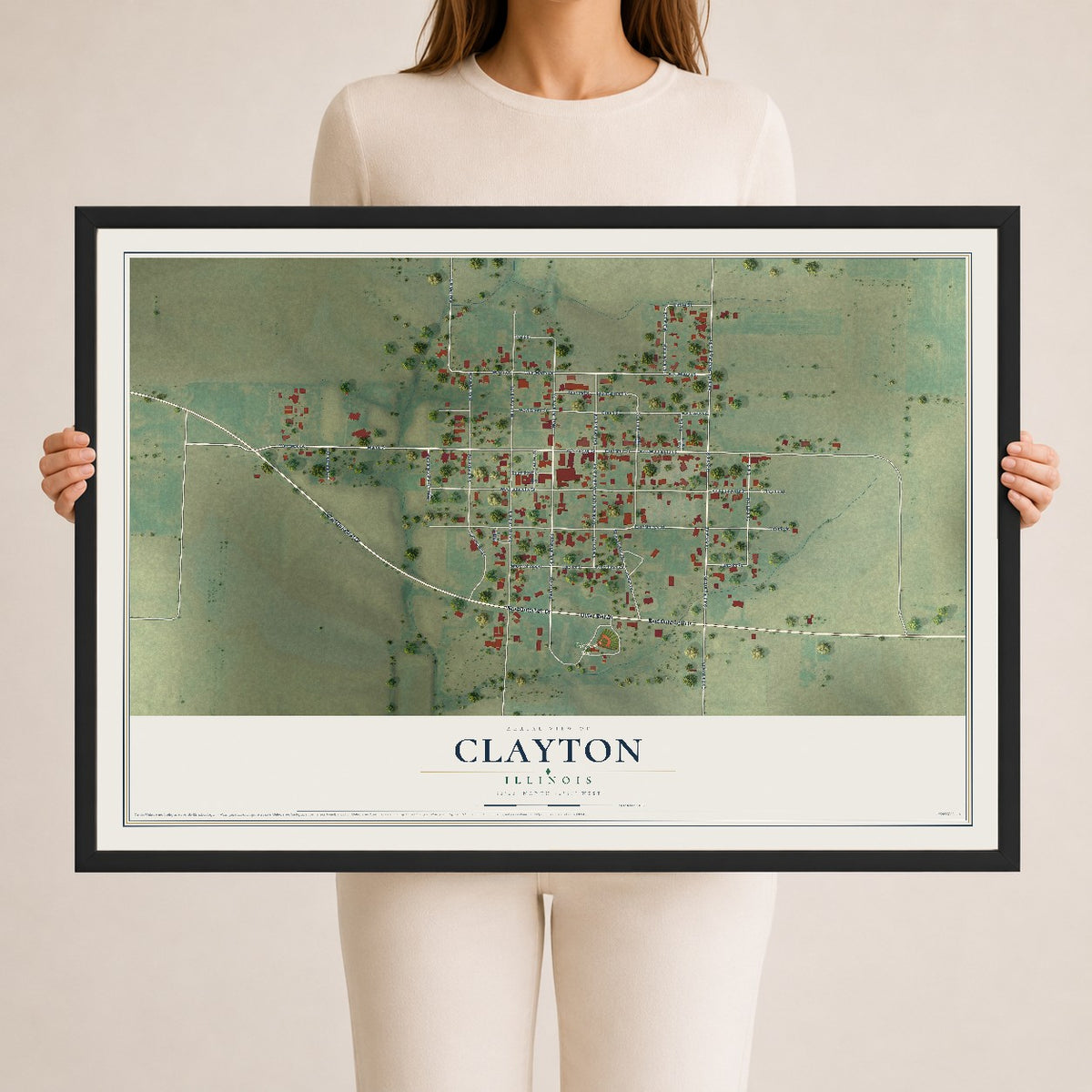 Map of Clayton, Illinois, 24 x 36 inch print in a black wood frame