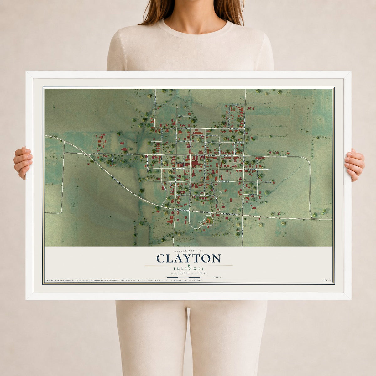 Map of Clayton, Illinois, 24 x 36 inch print in a white wood frame