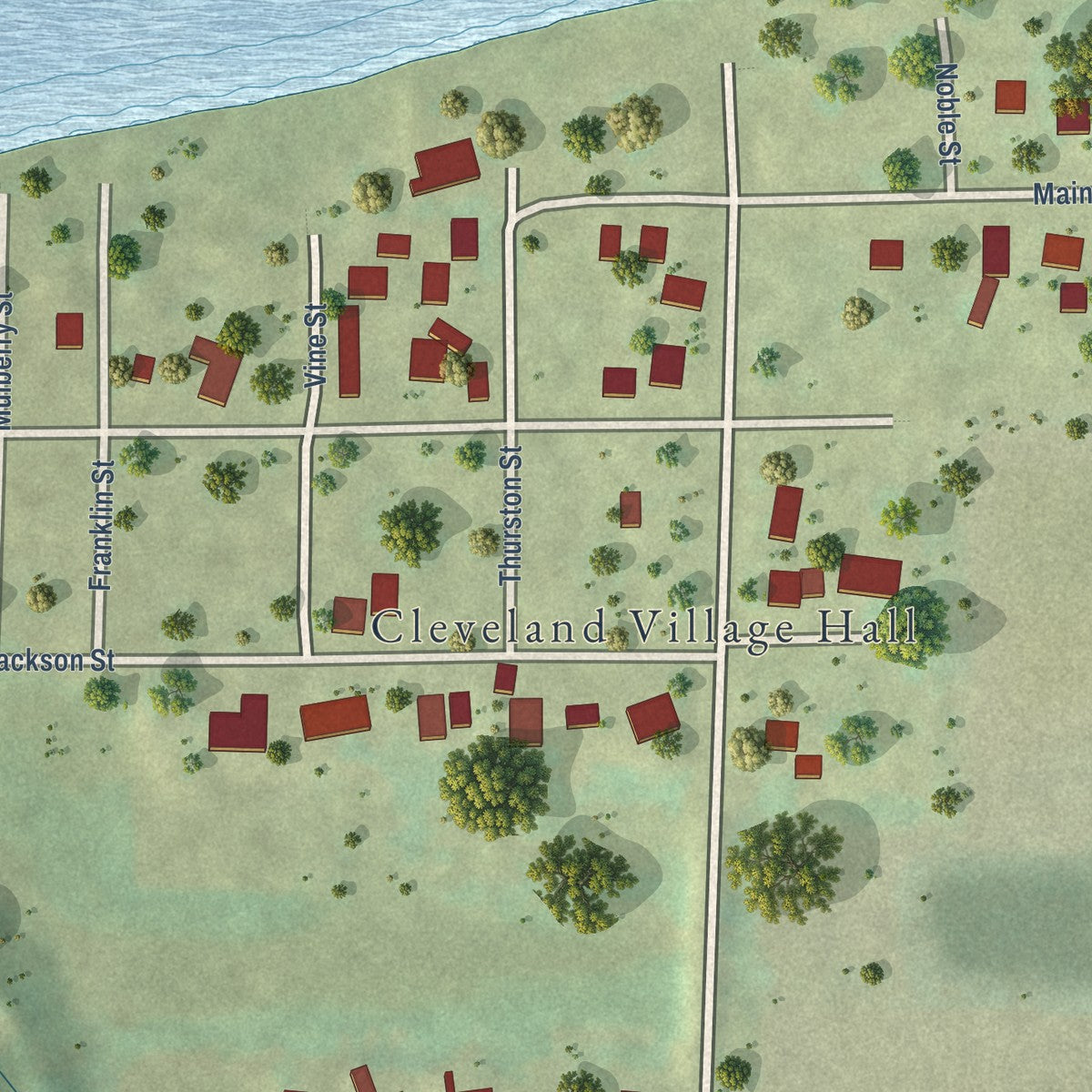 Close-up of the map of Cleveland, Illinois print showing street and building detail