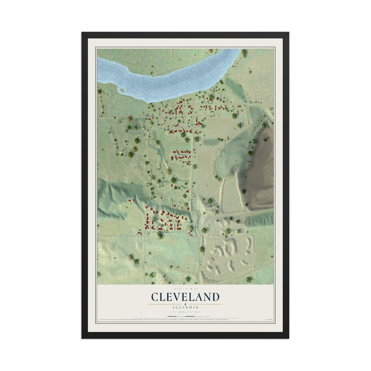 Map of Cleveland, Illinois, 12 x 18 inch print in a black wood frame