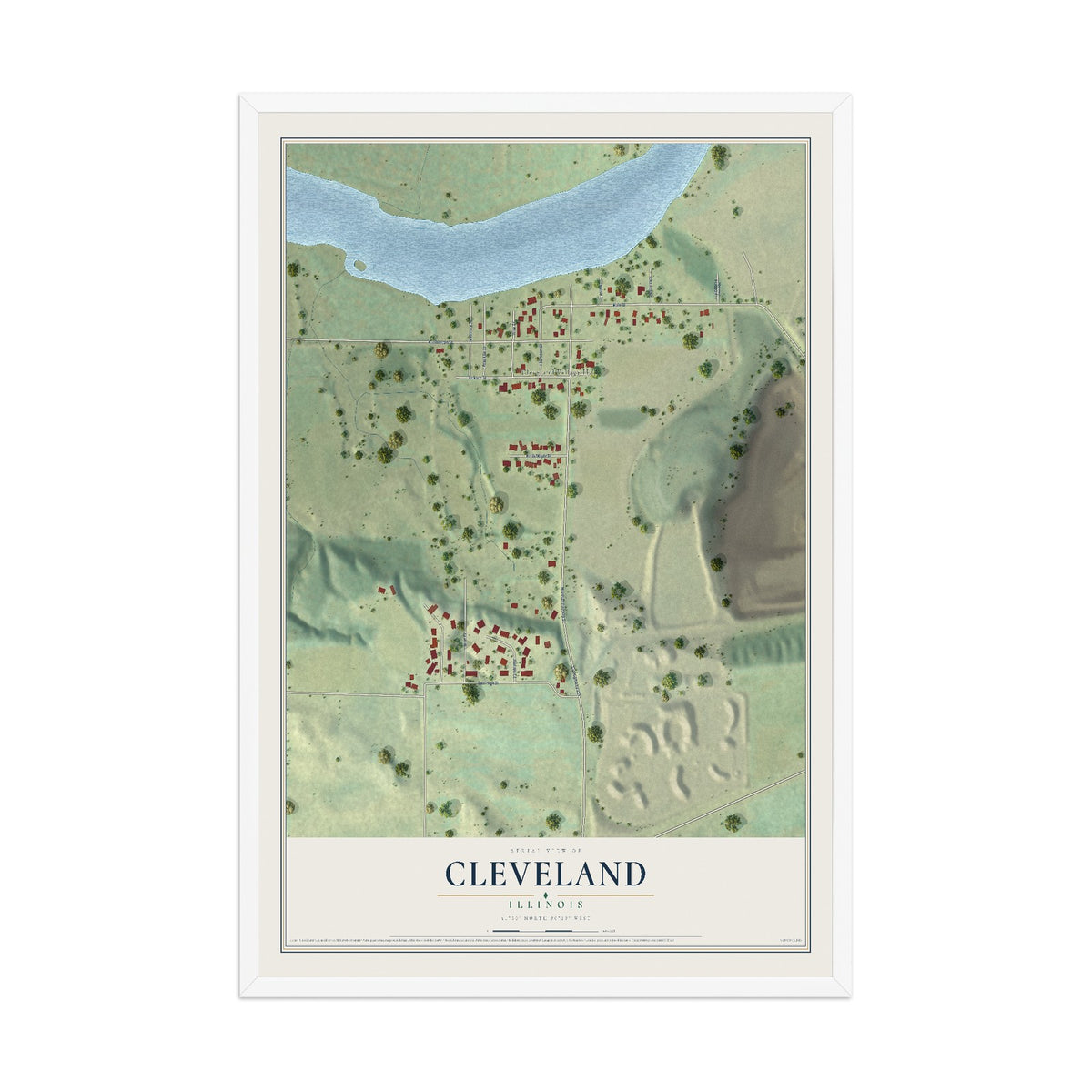 Map of Cleveland, Illinois, 12 x 18 inch print in a white wood frame