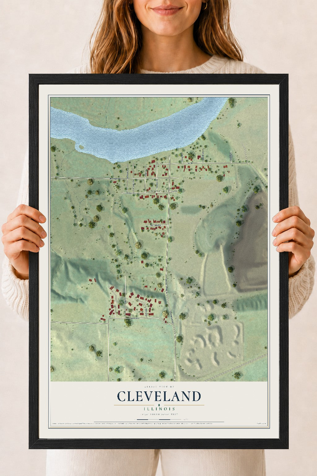 Map of Cleveland, Illinois, 18 x 24 inch print in a black wood frame