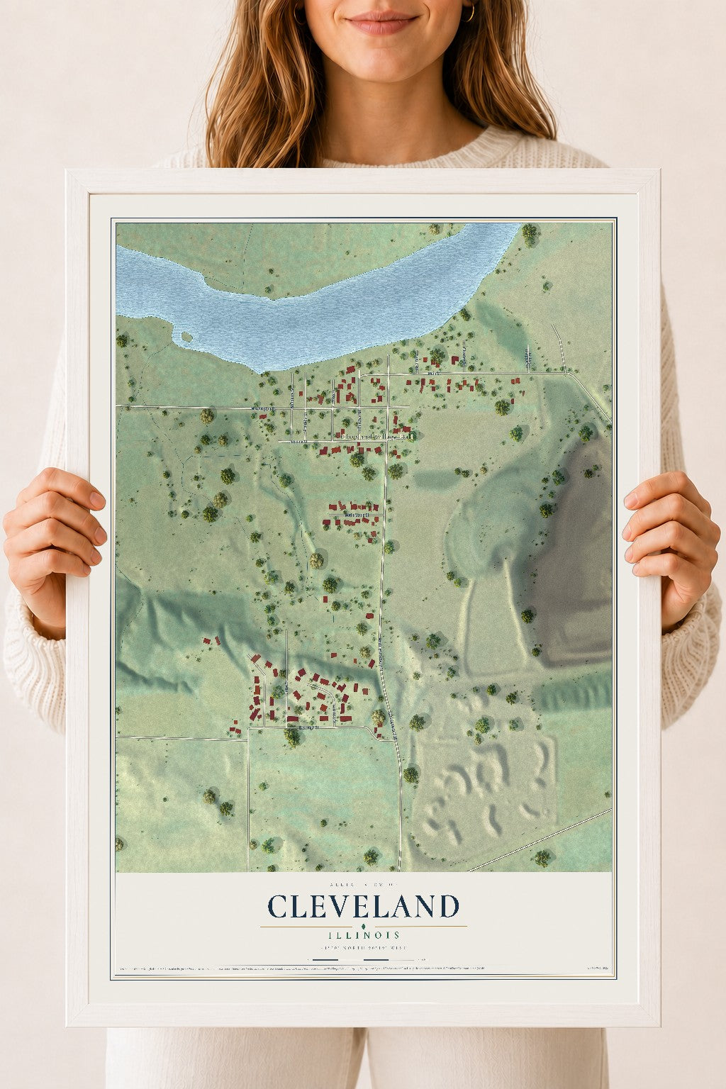 Map of Cleveland, Illinois, 18 x 24 inch print in a white wood frame