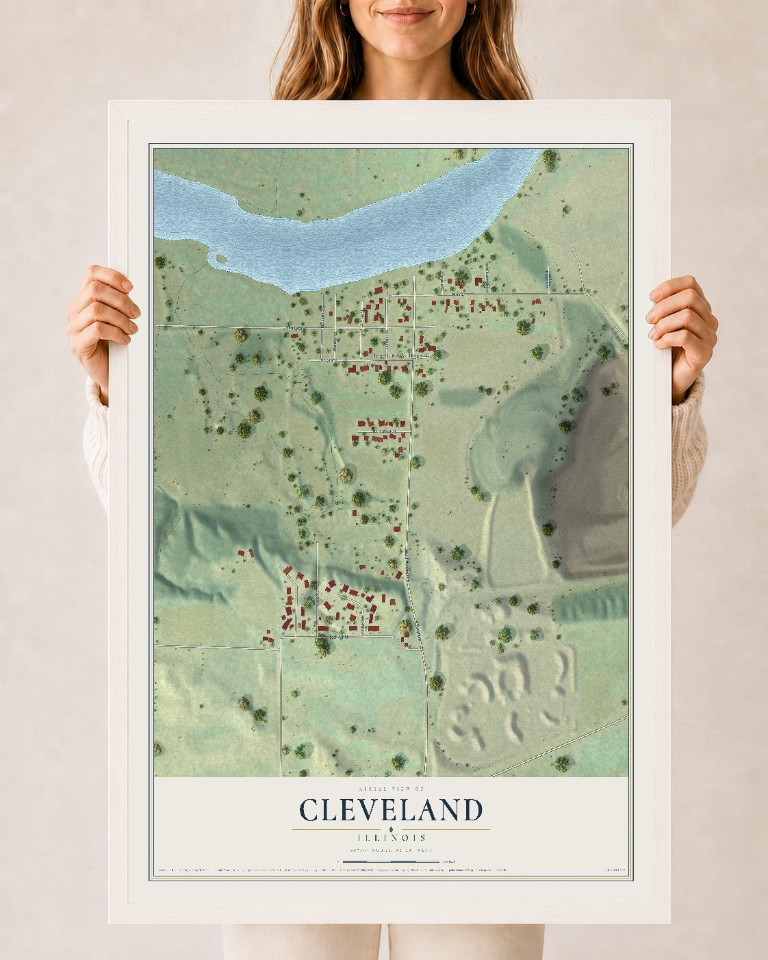 Map of Cleveland, Illinois, 24 x 36 inch print in a white wood frame