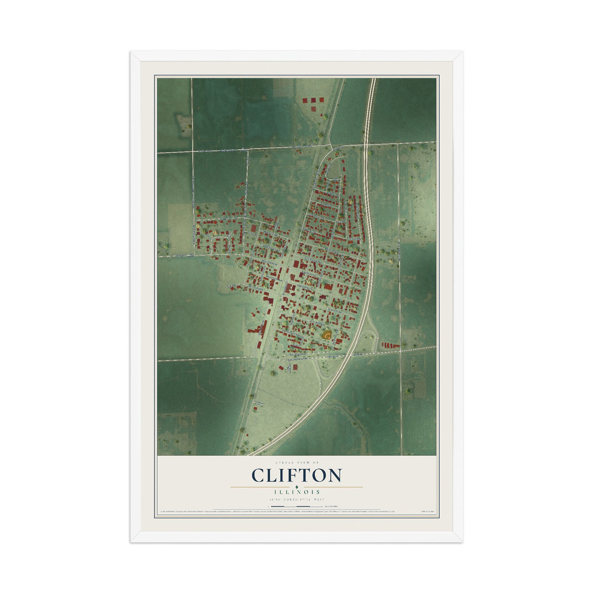 Map of Clifton, Illinois, 12 x 18 inch print in a white wood frame