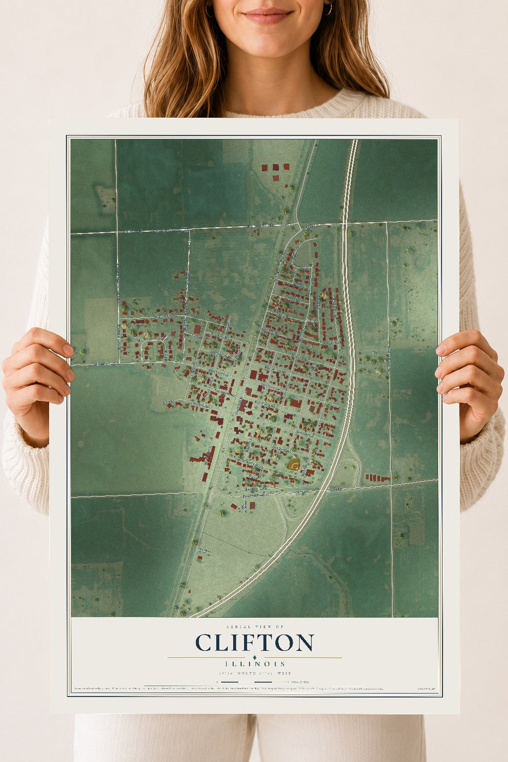 Map of Clifton, Illinois, 18 x 24 inch unframed archival matte print