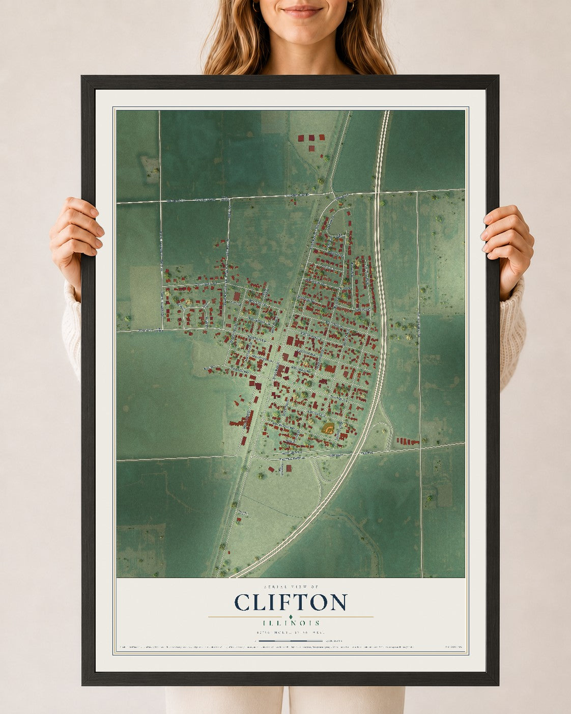 Map of Clifton, Illinois, 24 x 36 inch print in a black wood frame