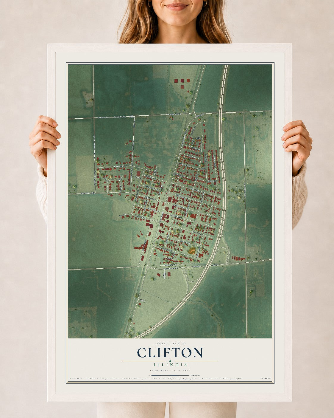 Map of Clifton, Illinois, 24 x 36 inch print in a white wood frame